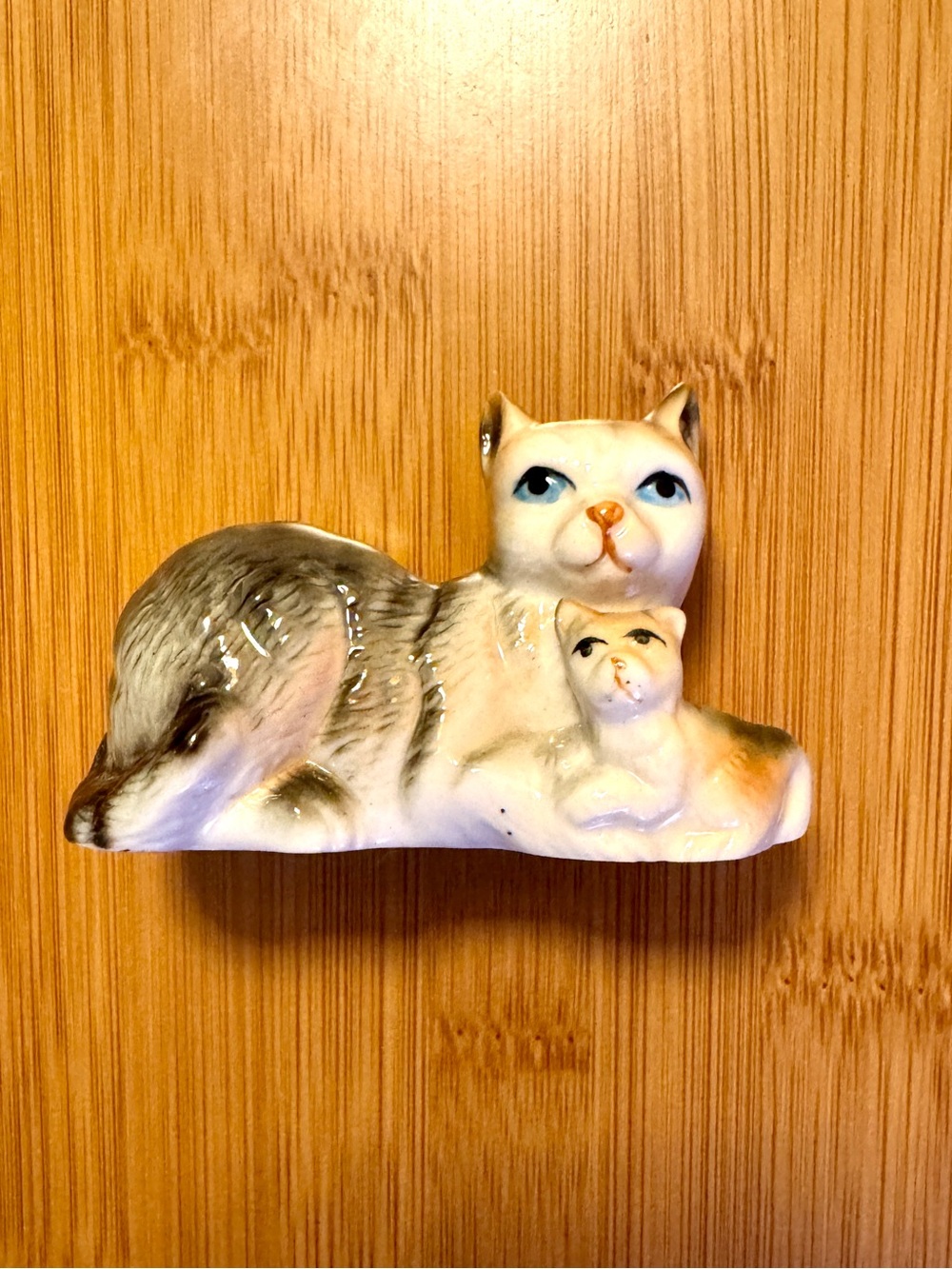 Porcelain Cat & Kitten Figurine - White with Gray Accents